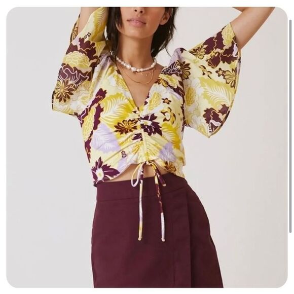 Maeve Anthropologie cinched yellow floral flutter  sleeve tie top - Picture 10 of 12